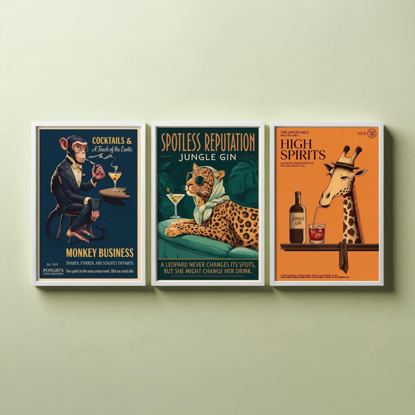 Vintage Cocktail Advert Set of Three Art Prints - Monkey, Leopard, Giraffe Bar Posters - Retro Gin Illustration Painting