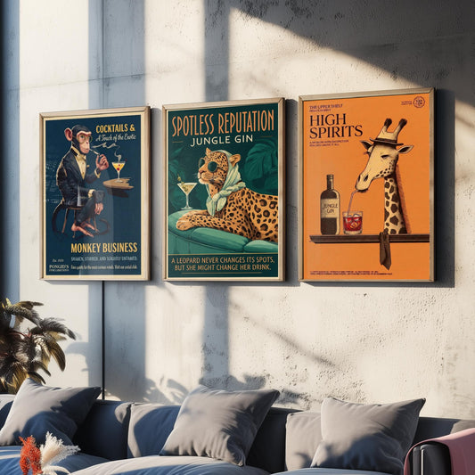 Vintage Cocktail Advert Set of Three Art Prints - Monkey, Leopard, Giraffe Bar Posters - Retro Gin Illustration Painting
