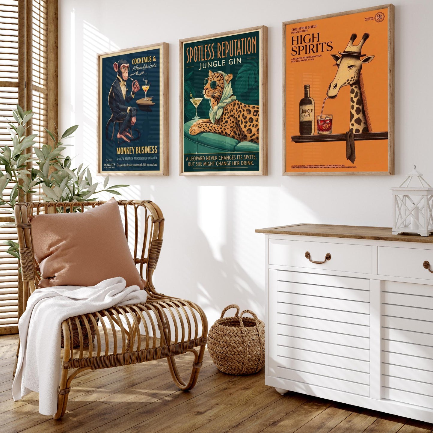 Vintage Cocktail Advert Set of Three Art Prints - Monkey, Leopard, Giraffe Bar Posters - Retro Gin Illustration Painting
