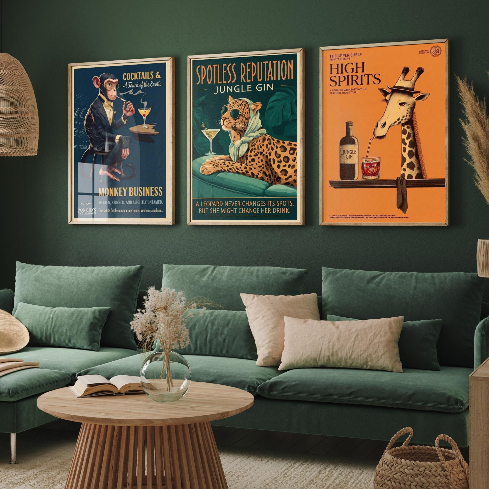 Vintage Cocktail Advert Set of Three Art Prints - Monkey, Leopard, Giraffe Bar Posters - Retro Gin Illustration Painting
