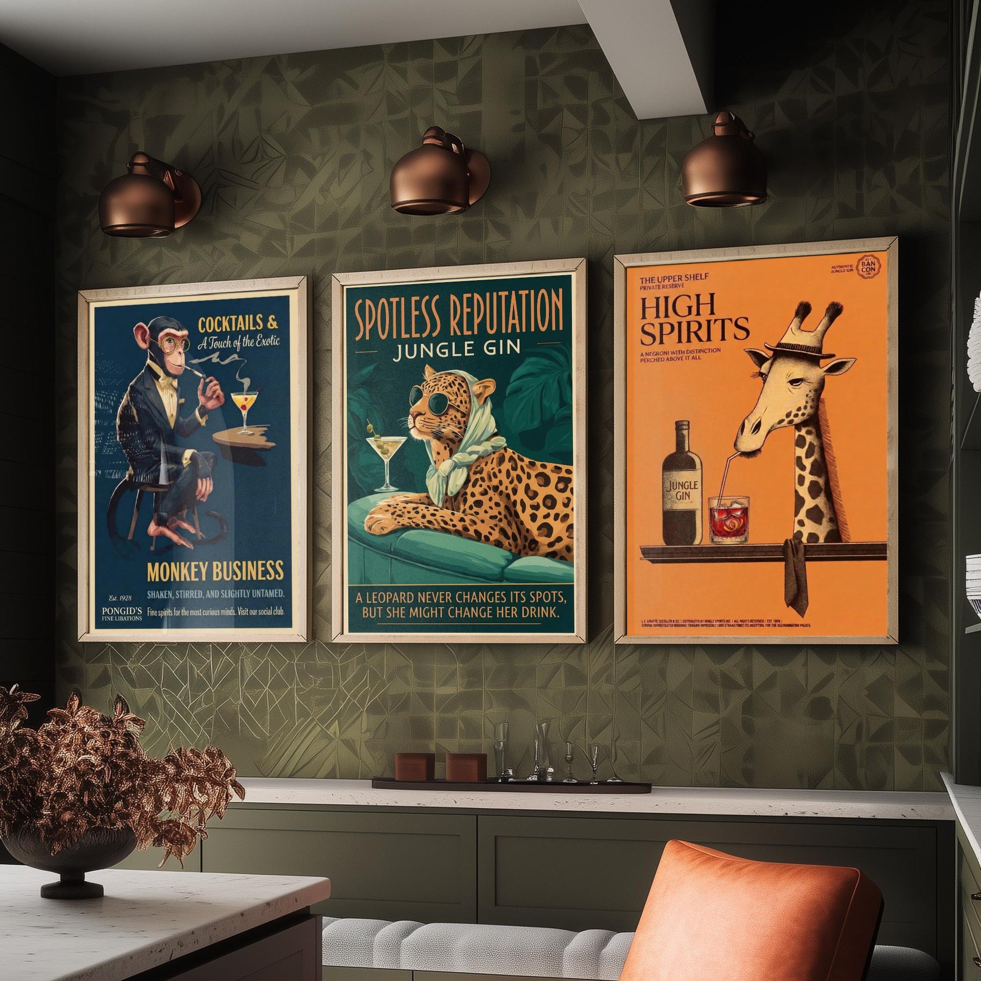 Vintage Cocktail Advert Set of Three Art Prints - Monkey, Leopard, Giraffe Bar Posters - Retro Gin Illustration Painting