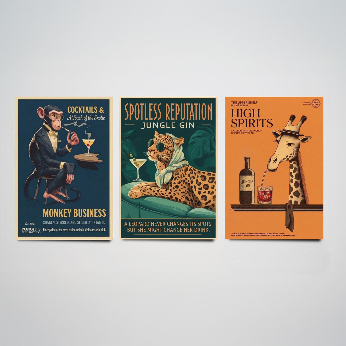 Vintage Cocktail Advert Set of Three Art Prints - Monkey, Leopard, Giraffe Bar Posters - Retro Gin Illustration Painting