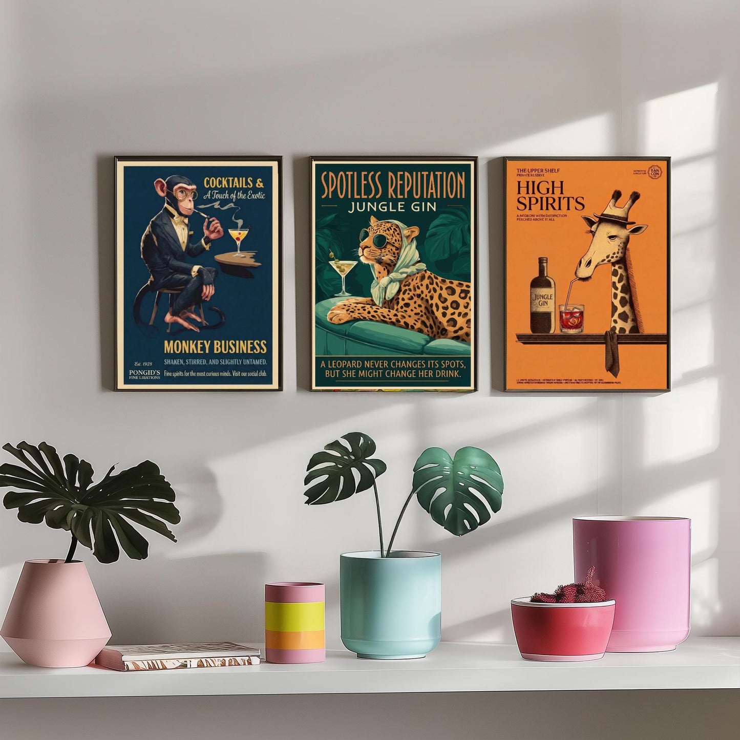 Vintage Cocktail Advert Set of Three Art Prints - Monkey, Leopard, Giraffe Bar Posters - Retro Gin Illustration Painting