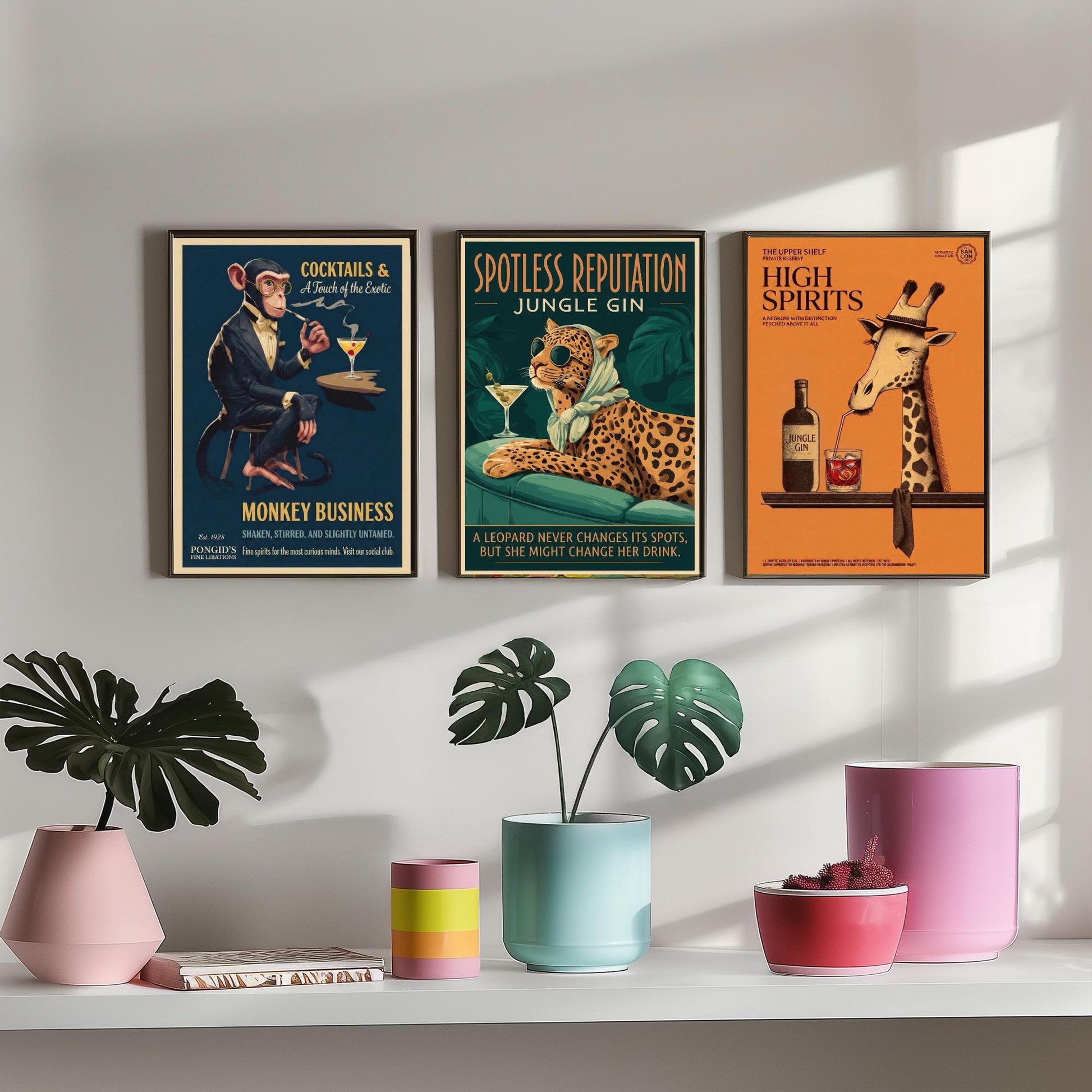 Vintage Cocktail Advert Set of Three Art Prints - Monkey, Leopard, Giraffe Bar Posters - Retro Gin Illustration Painting