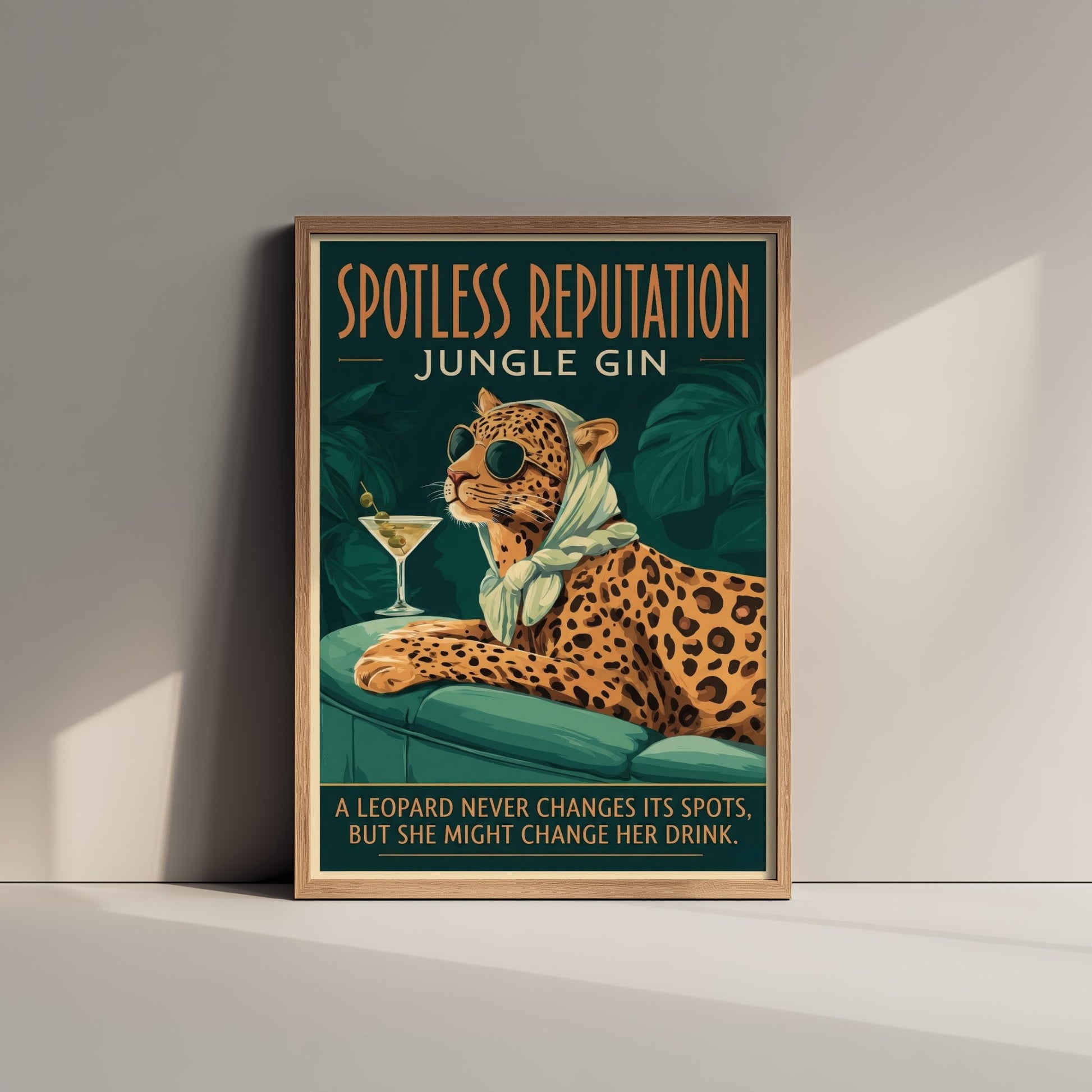 Leopard Jungle Gin Art Print - Spotless Reputation Vintage Advert Poster - Home Bar Illustration 2/3