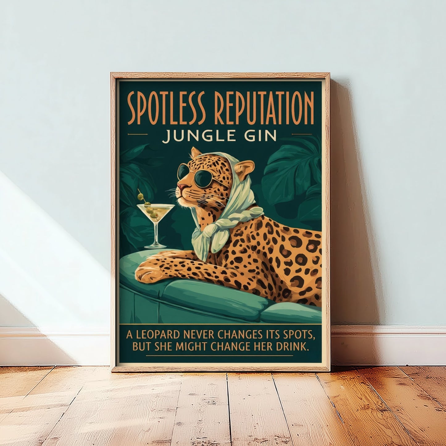 Leopard Jungle Gin Art Print - Spotless Reputation Vintage Advert Poster - Home Bar Illustration 2/3