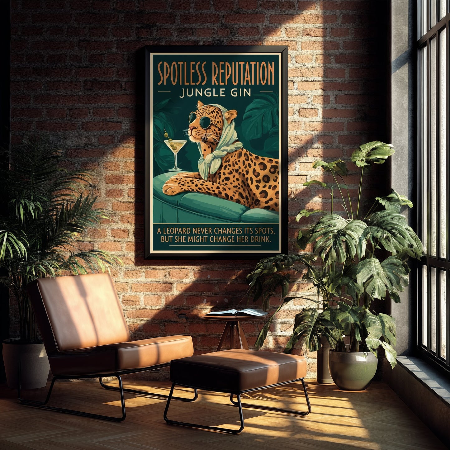 Leopard Jungle Gin Art Print - Spotless Reputation Vintage Advert Poster - Home Bar Illustration 2/3