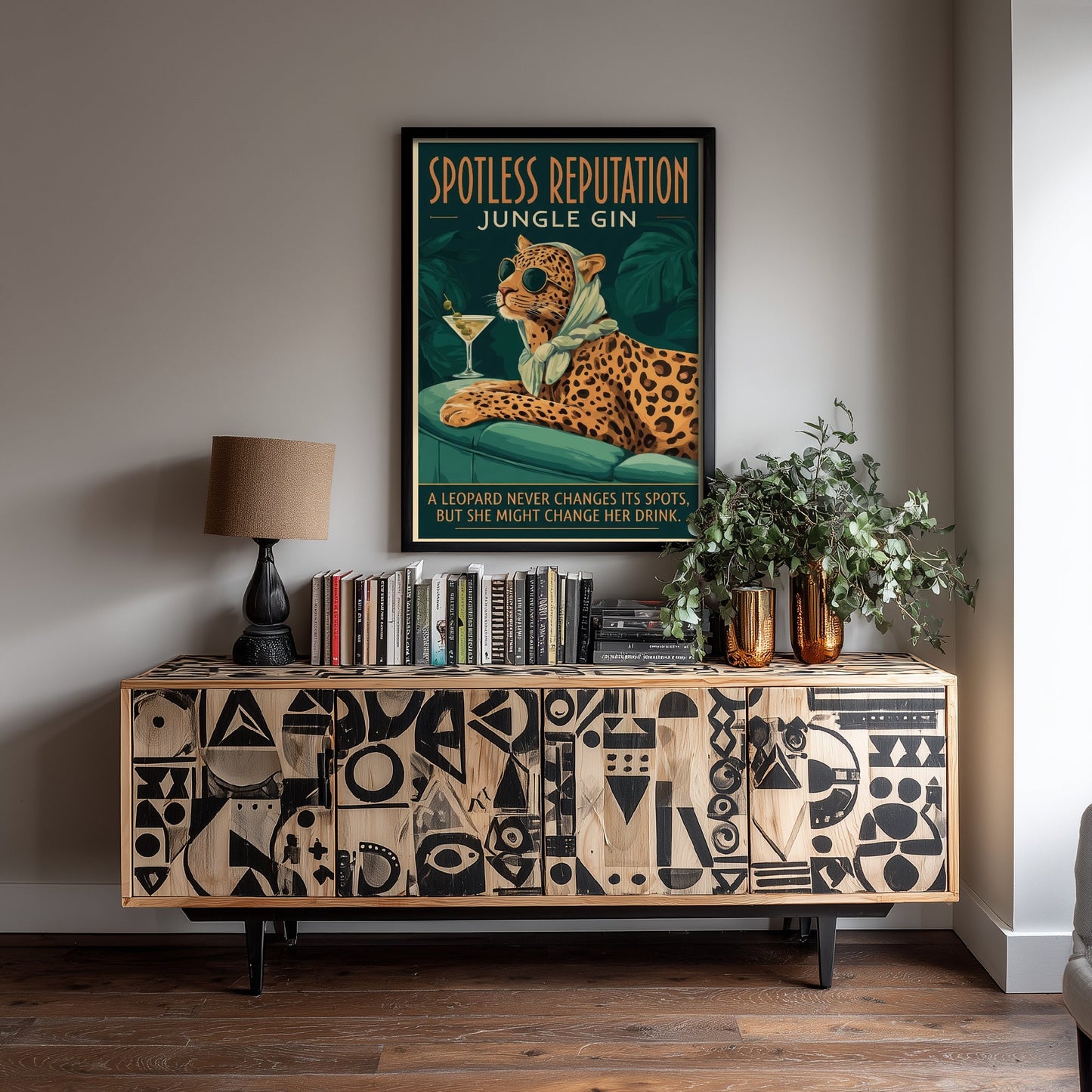 Leopard Jungle Gin Art Print - Spotless Reputation Vintage Advert Poster - Home Bar Illustration 2/3