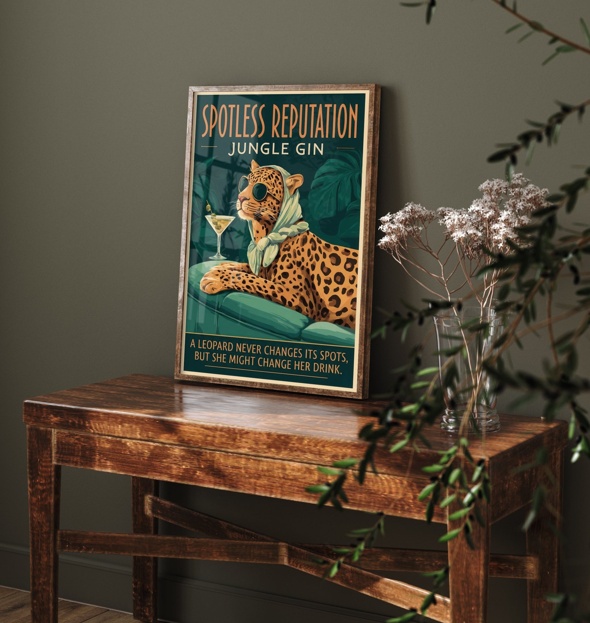 Leopard Jungle Gin Art Print - Spotless Reputation Vintage Advert Poster - Home Bar Illustration 2/3