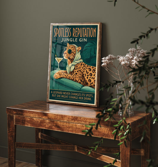 Leopard Jungle Gin Art Print - Spotless Reputation Vintage Advert Poster - Home Bar Illustration 2/3