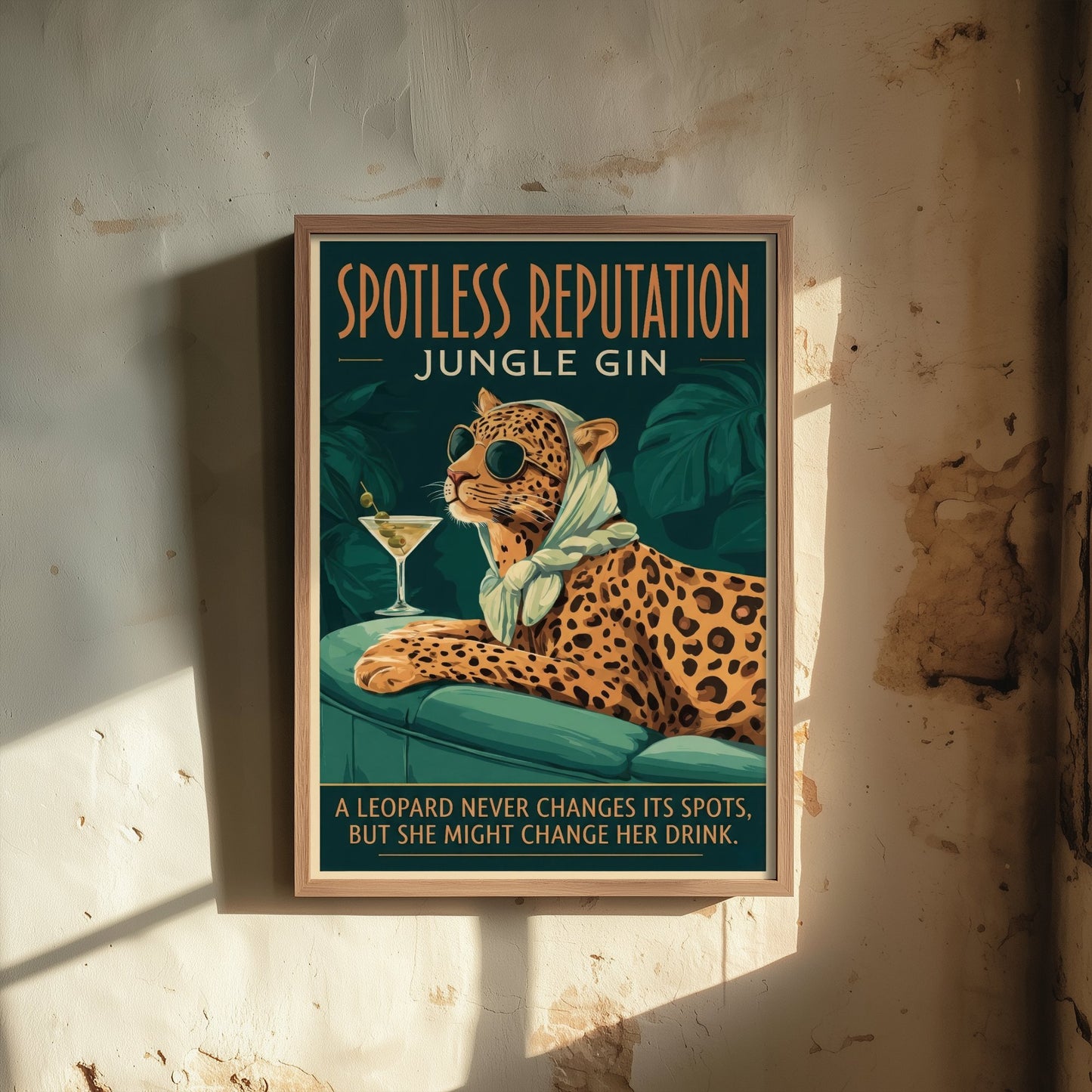 Leopard Jungle Gin Art Print - Spotless Reputation Vintage Advert Poster - Home Bar Illustration 2/3