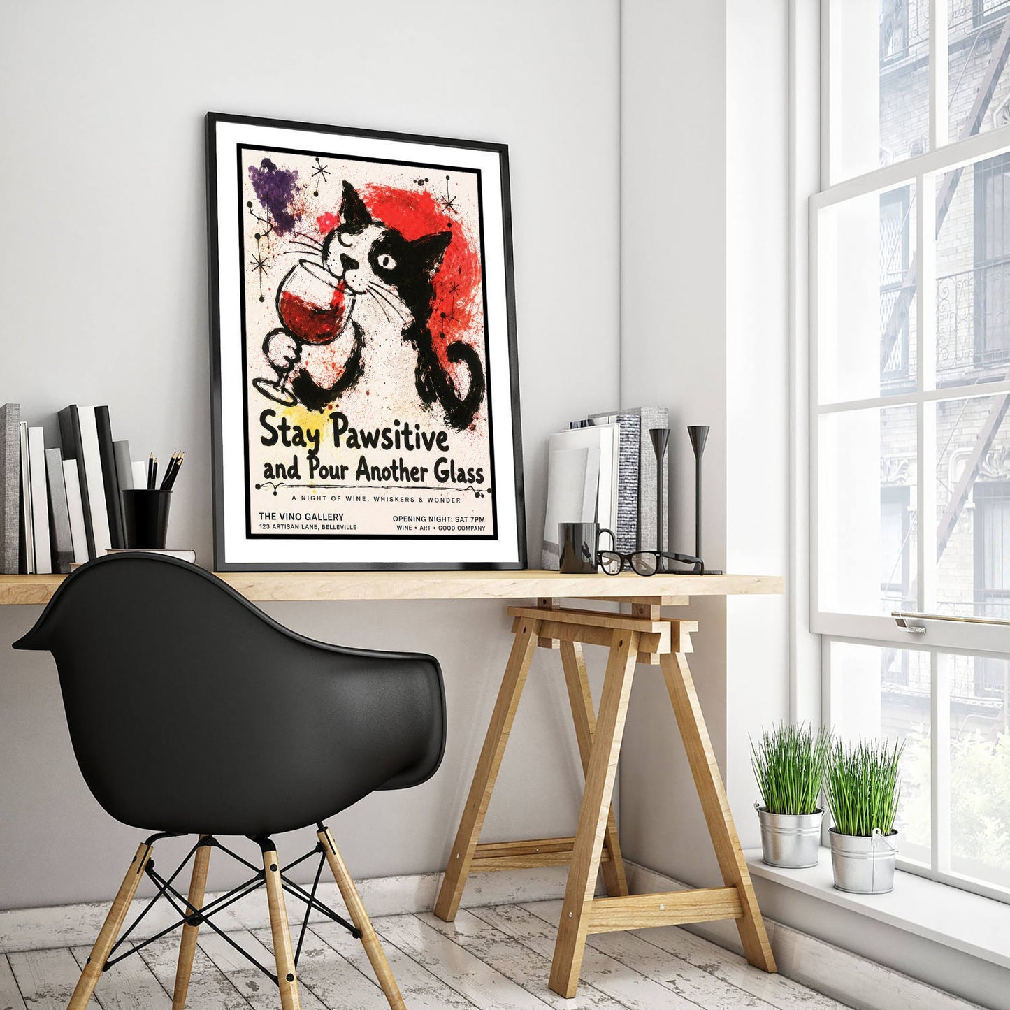 Stay Pawsitive and Pour Another Glass - Cat Wine Art Print - Ink Splatter Illustration Poster 1/3