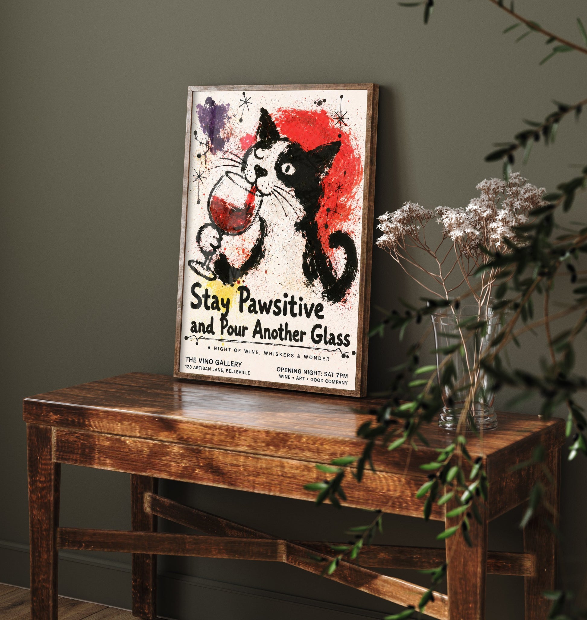 Stay Pawsitive and Pour Another Glass - Cat Wine Art Print - Ink Splatter Illustration Poster 1/3