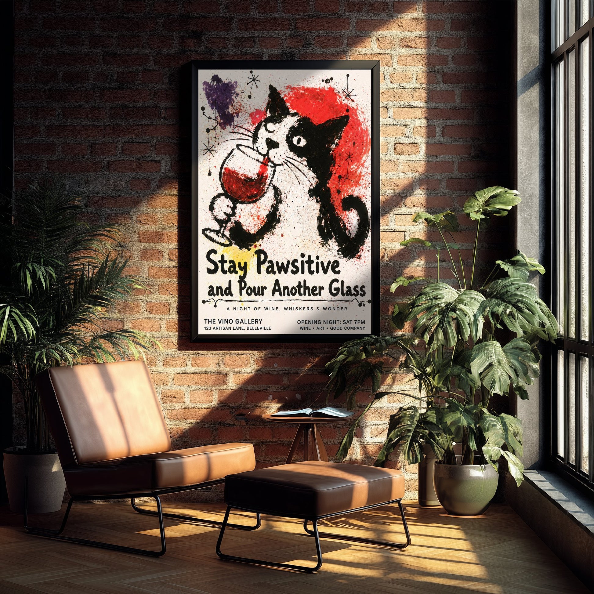 Stay Pawsitive and Pour Another Glass - Cat Wine Art Print - Ink Splatter Illustration Poster 1/3