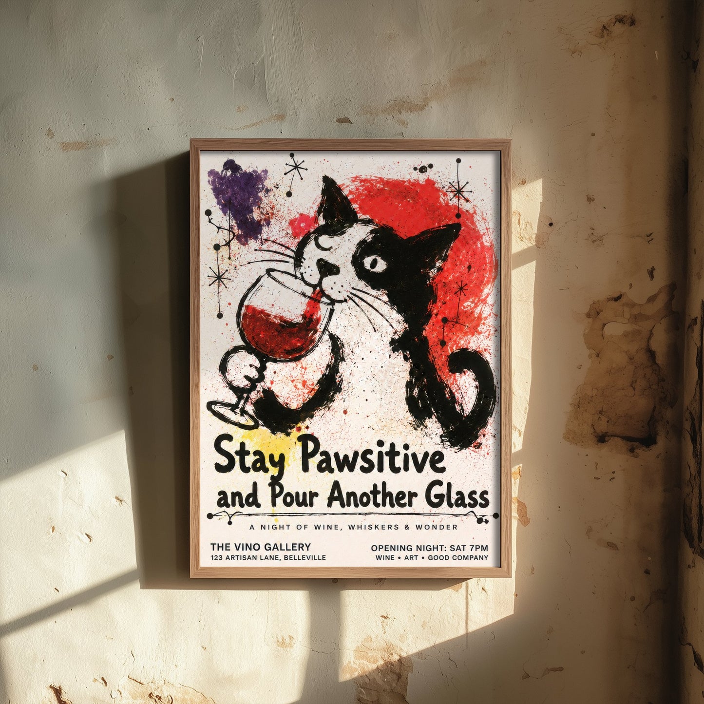 Stay Pawsitive and Pour Another Glass - Cat Wine Art Print - Ink Splatter Illustration Poster 1/3