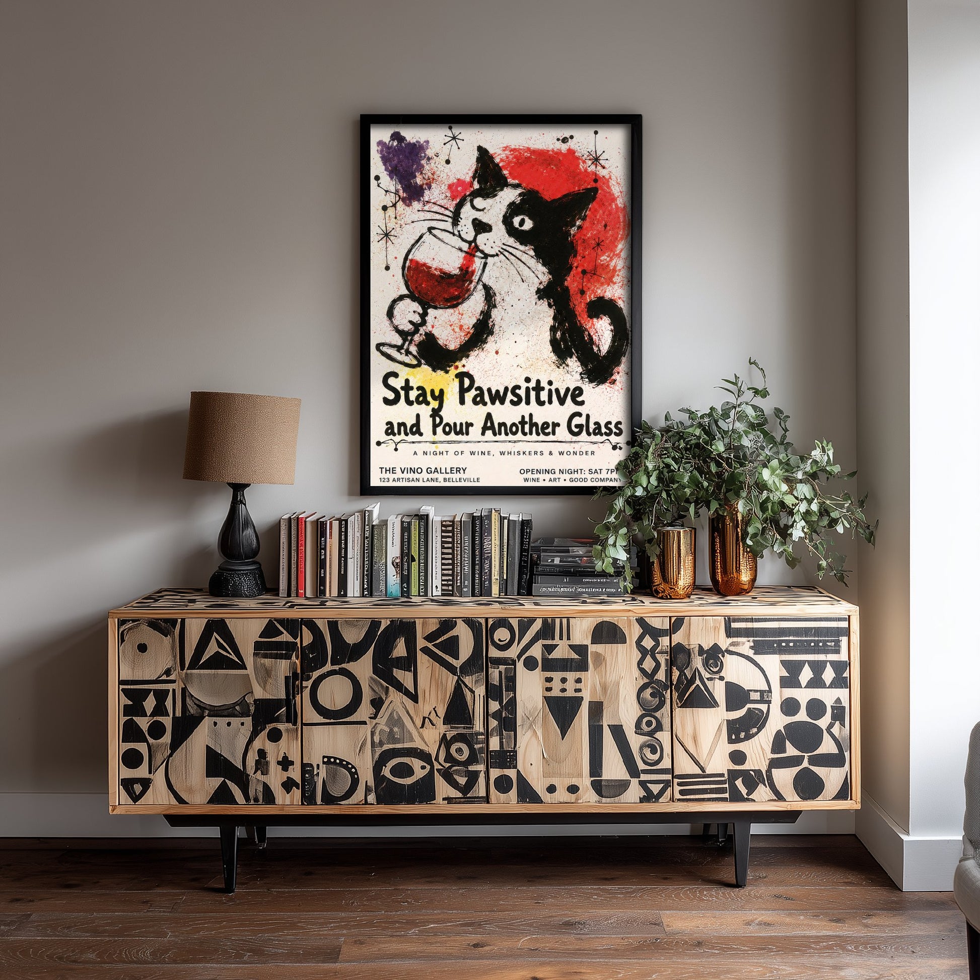 Stay Pawsitive and Pour Another Glass - Cat Wine Art Print - Ink Splatter Illustration Poster 1/3
