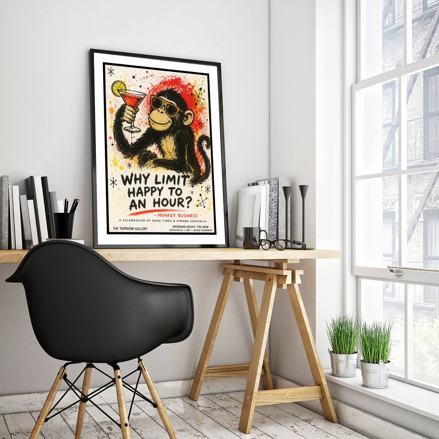 Why Limit Happy to an Hour - Funny Monkey Cocktail Art Print - Ink Splatter Illustration Poster 3/3