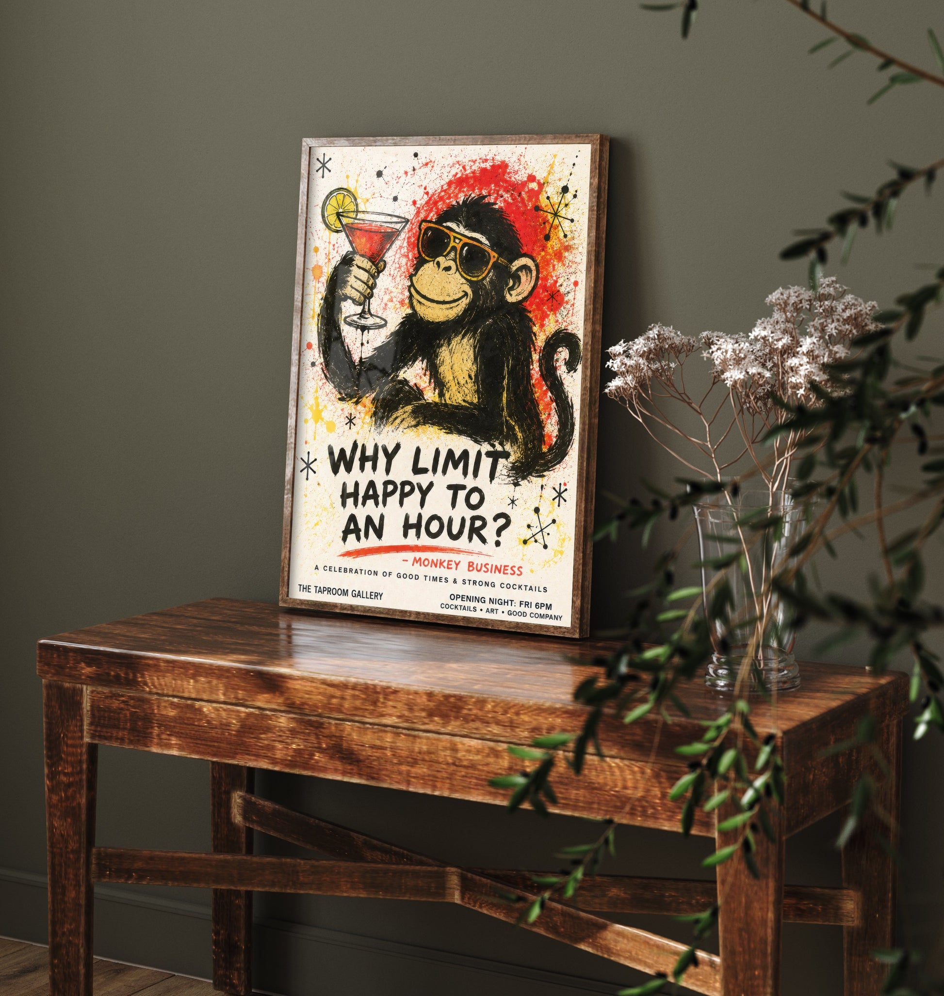 Why Limit Happy to an Hour - Funny Monkey Cocktail Art Print - Ink Splatter Illustration Poster 3/3