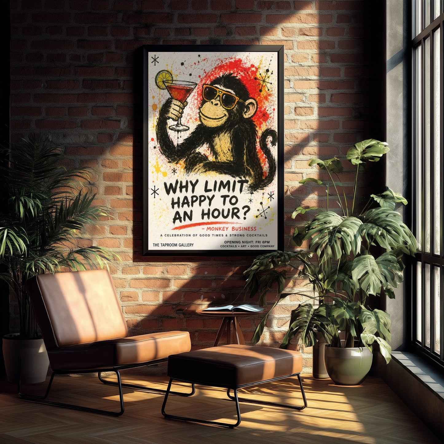 Why Limit Happy to an Hour - Funny Monkey Cocktail Art Print - Ink Splatter Illustration Poster 3/3
