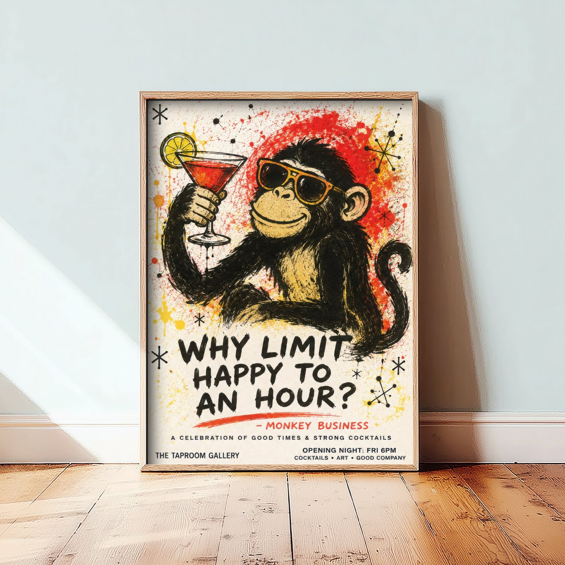 Why Limit Happy to an Hour - Funny Monkey Cocktail Art Print - Ink Splatter Illustration Poster 3/3