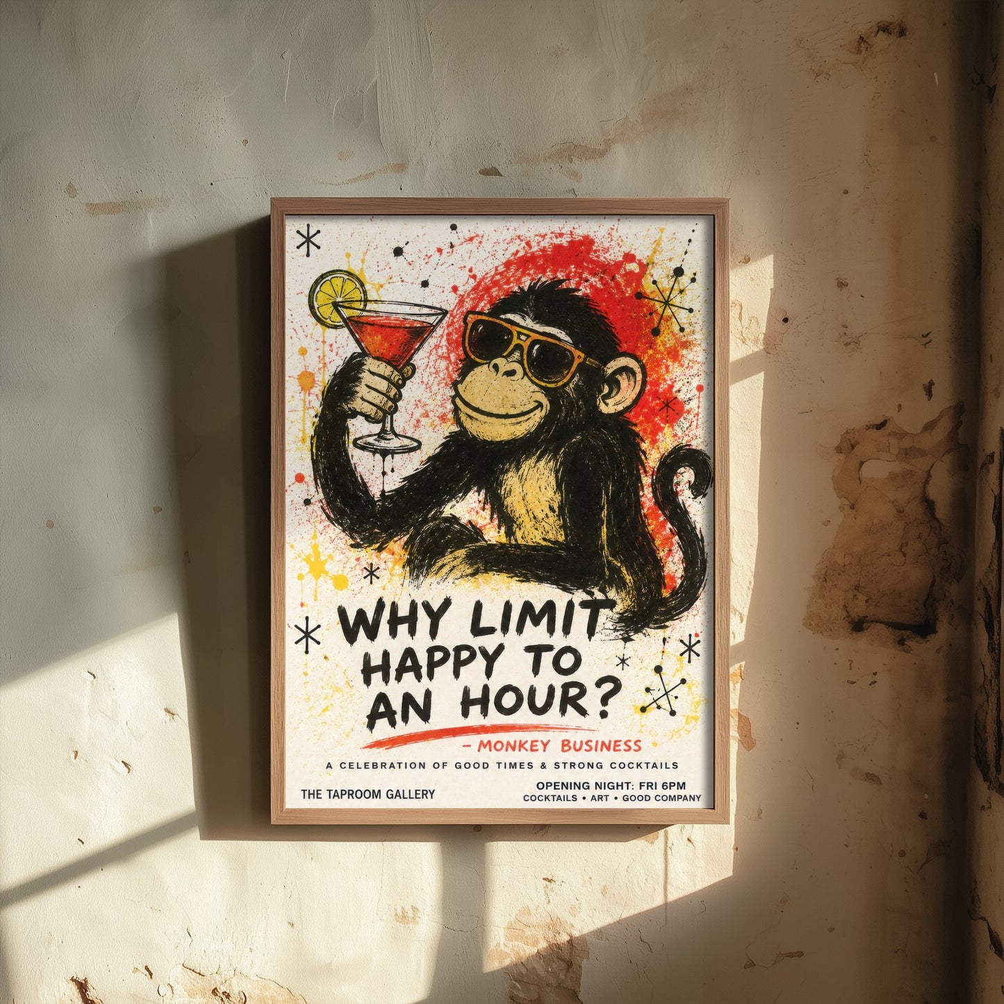 Why Limit Happy to an Hour - Funny Monkey Cocktail Art Print - Ink Splatter Illustration Poster 3/3