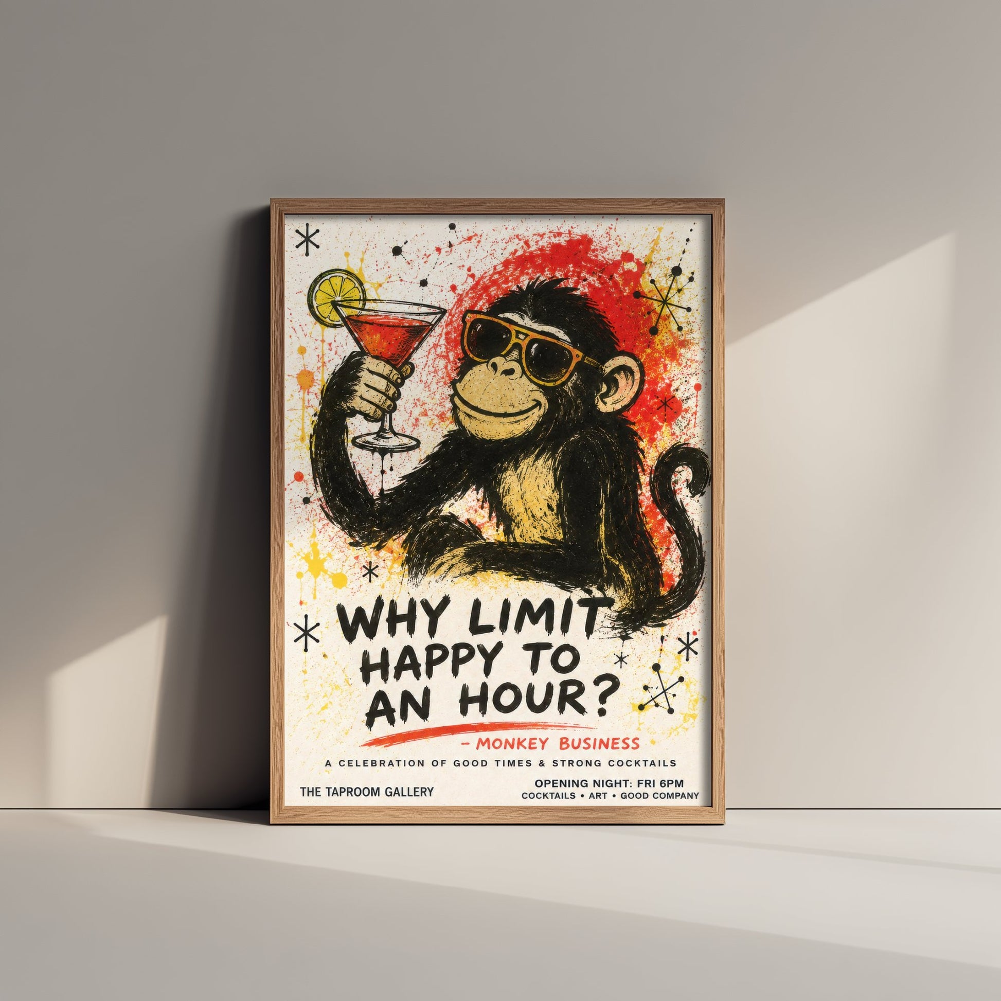 Why Limit Happy to an Hour - Funny Monkey Cocktail Art Print - Ink Splatter Illustration Poster 3/3