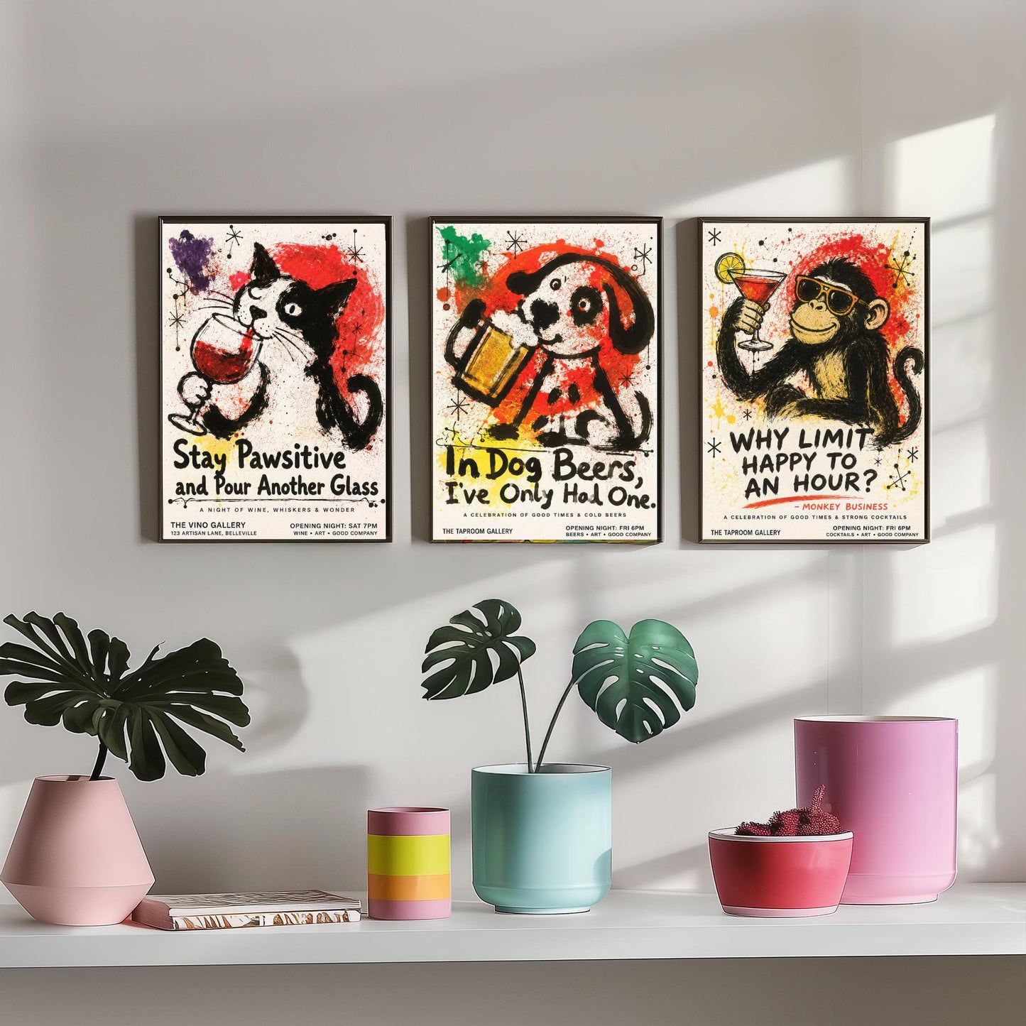 Funny Bar Set of Three Art Prints - Cat Wine, Dog Beer, Monkey Cocktail Posters - Ink Splatter Illustration - Home Pub Wall Decor