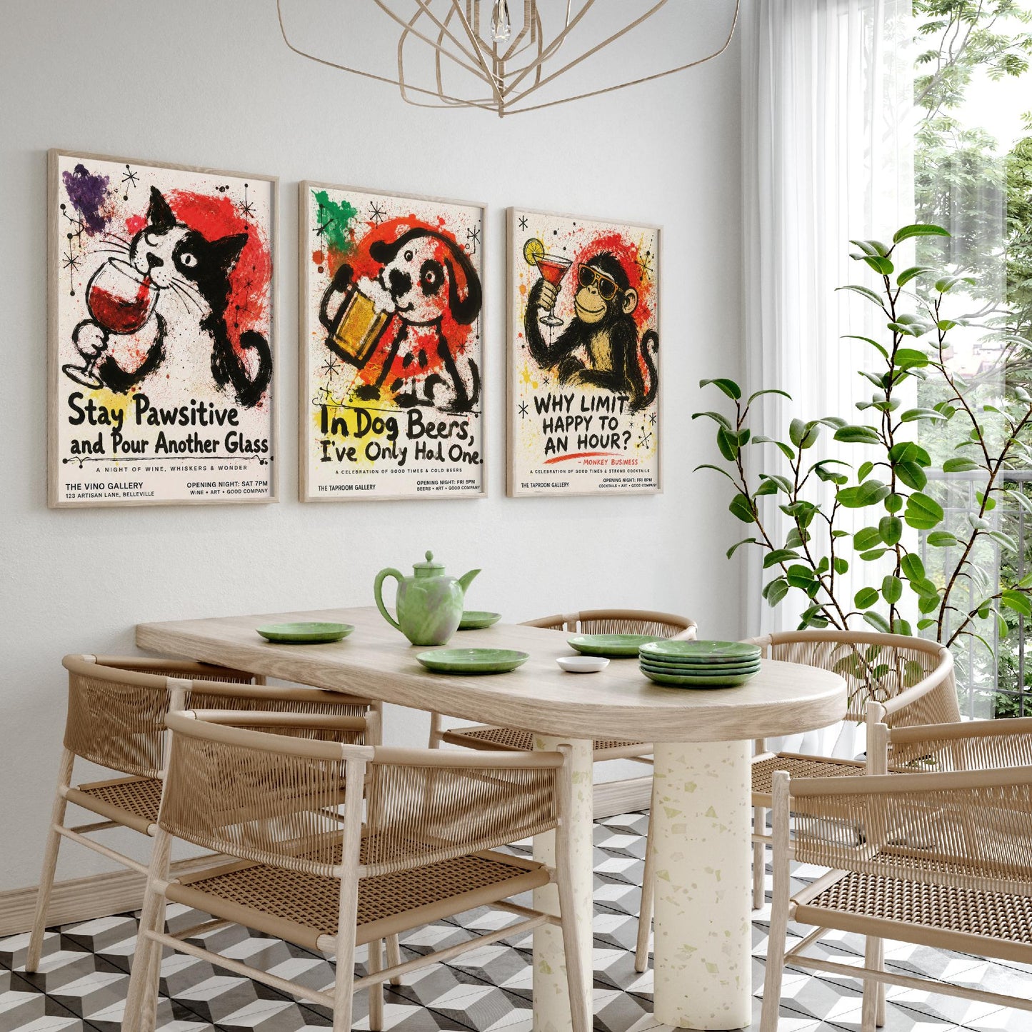 Funny Bar Set of Three Art Prints - Cat Wine, Dog Beer, Monkey Cocktail Posters - Ink Splatter Illustration - Home Pub Wall Decor