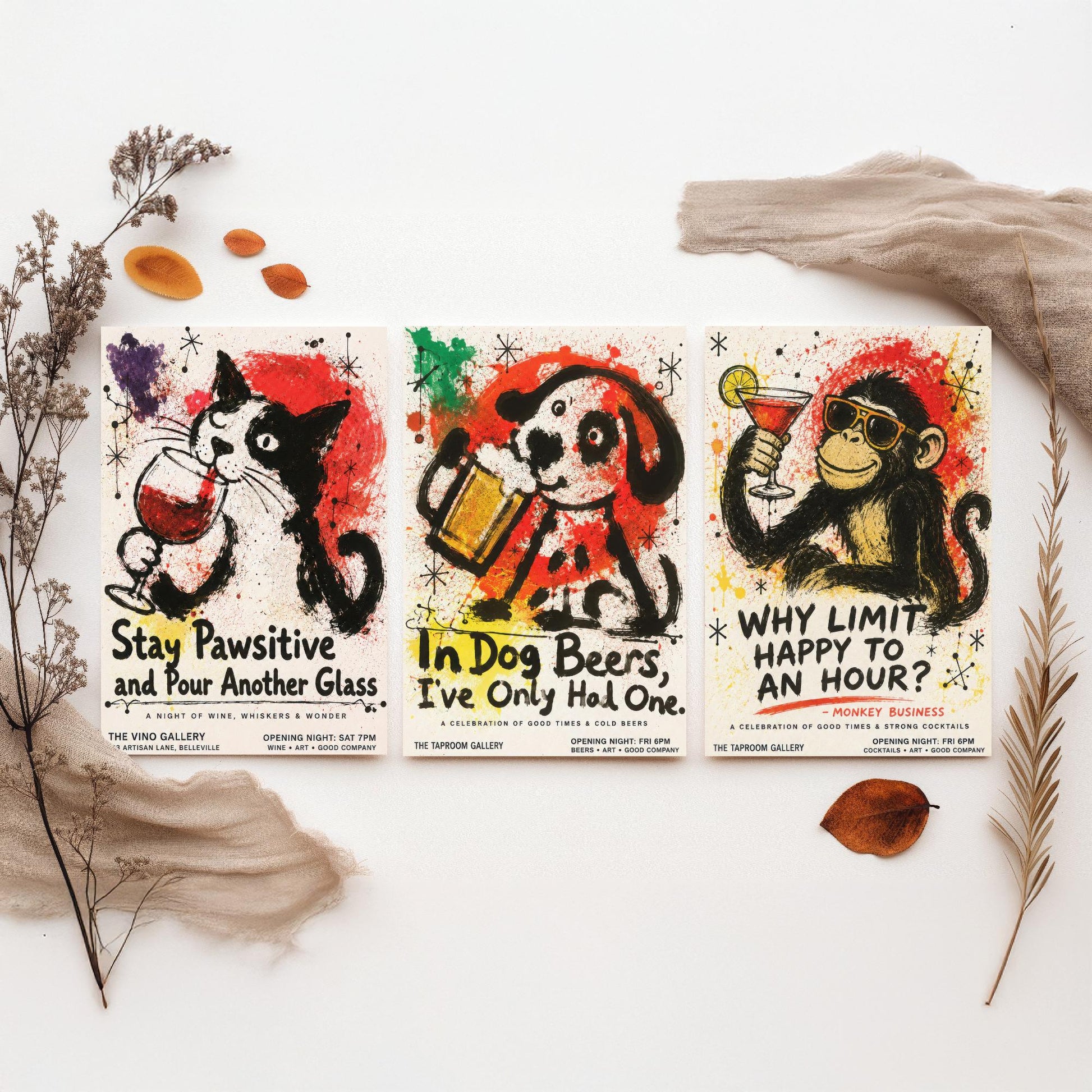 Funny Bar Set of Three Art Prints - Cat Wine, Dog Beer, Monkey Cocktail Posters - Ink Splatter Illustration - Home Pub Wall Decor