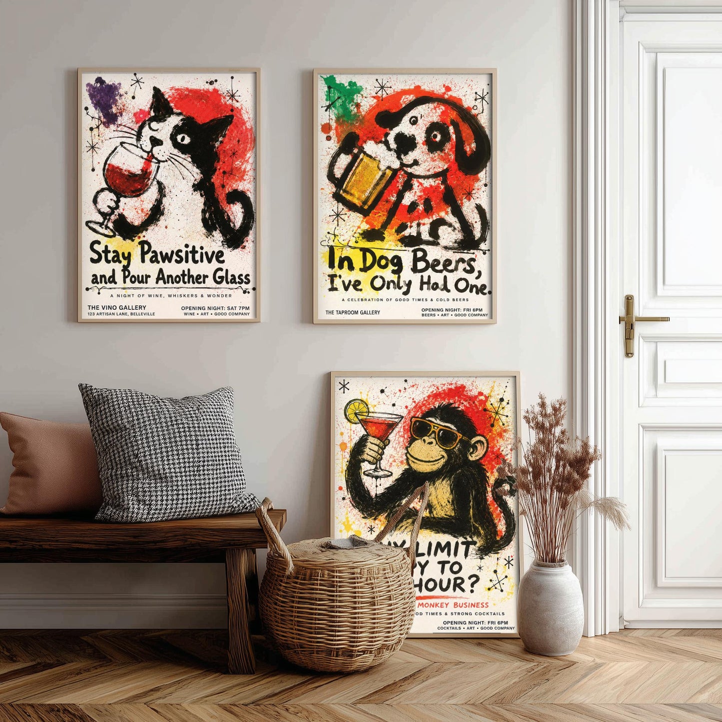 Funny Bar Set of Three Art Prints - Cat Wine, Dog Beer, Monkey Cocktail Posters - Ink Splatter Illustration - Home Pub Wall Decor