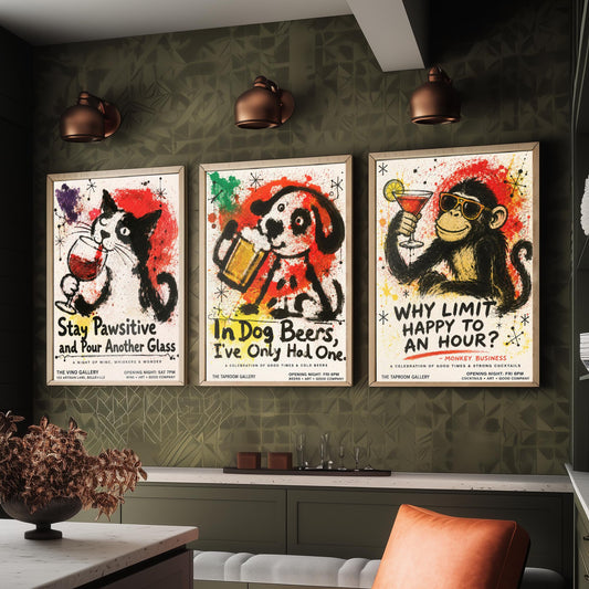 Funny Bar Set of Three Art Prints - Cat Wine, Dog Beer, Monkey Cocktail Posters - Ink Splatter Illustration - Home Pub Wall Decor