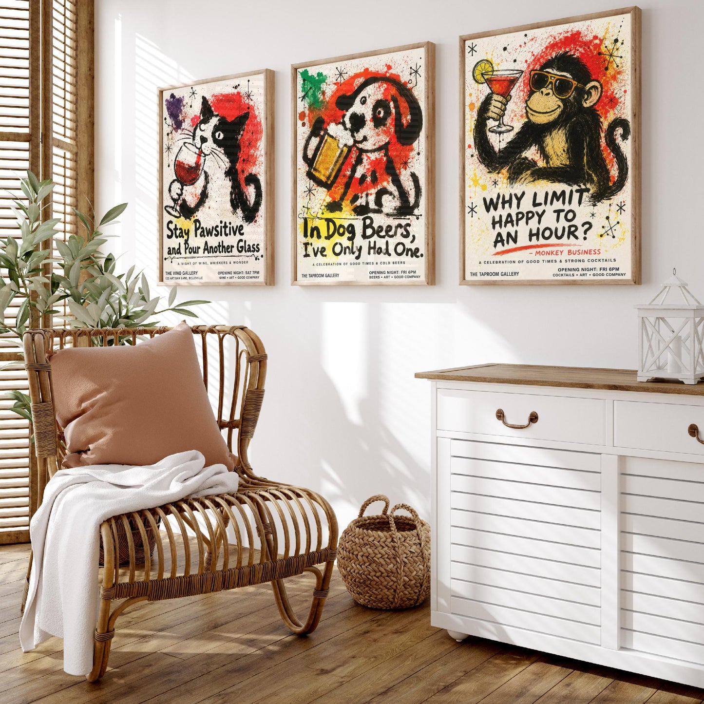 Funny Bar Set of Three Art Prints - Cat Wine, Dog Beer, Monkey Cocktail Posters - Ink Splatter Illustration - Home Pub Wall Decor