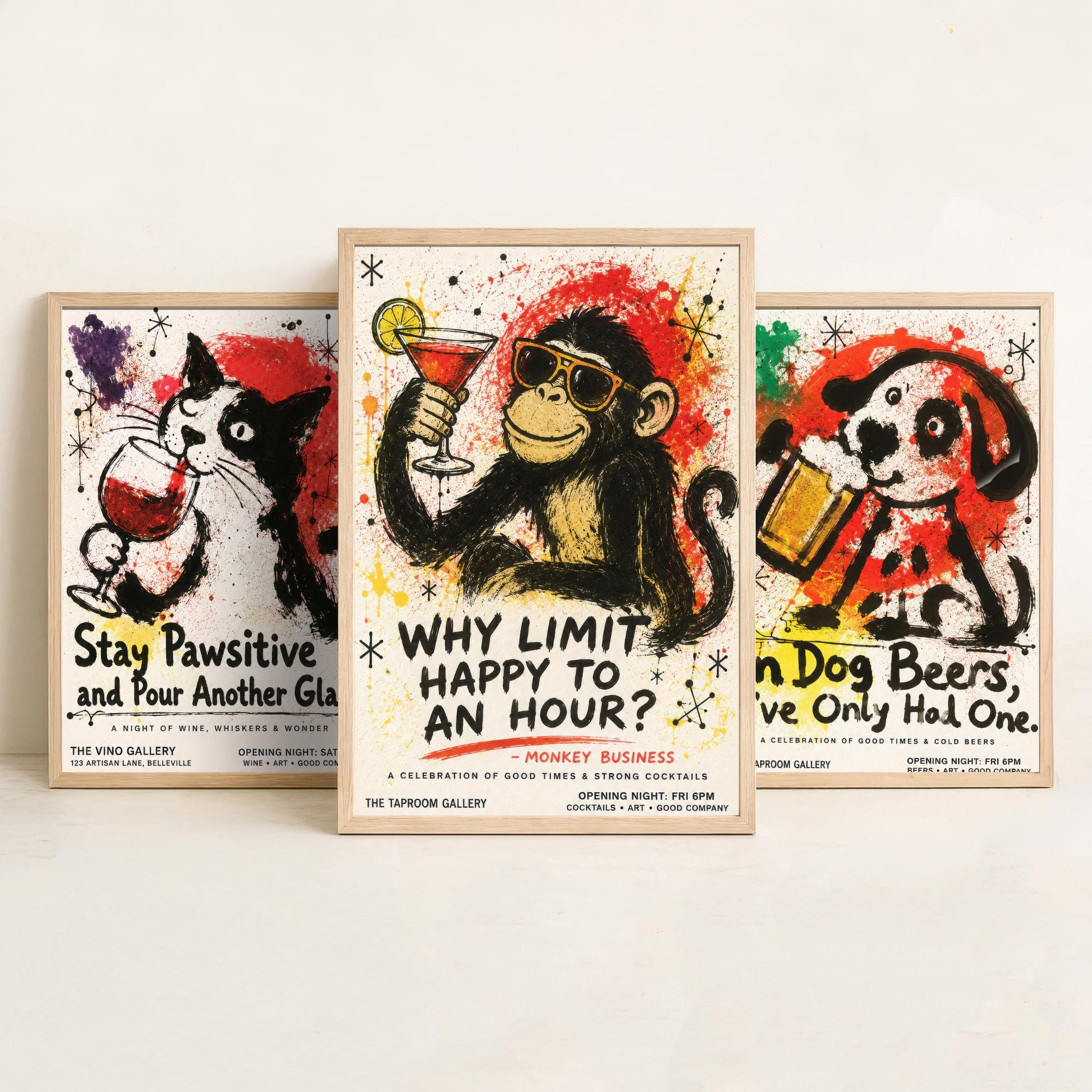 Funny Bar Set of Three Art Prints - Cat Wine, Dog Beer, Monkey Cocktail Posters - Ink Splatter Illustration - Home Pub Wall Decor
