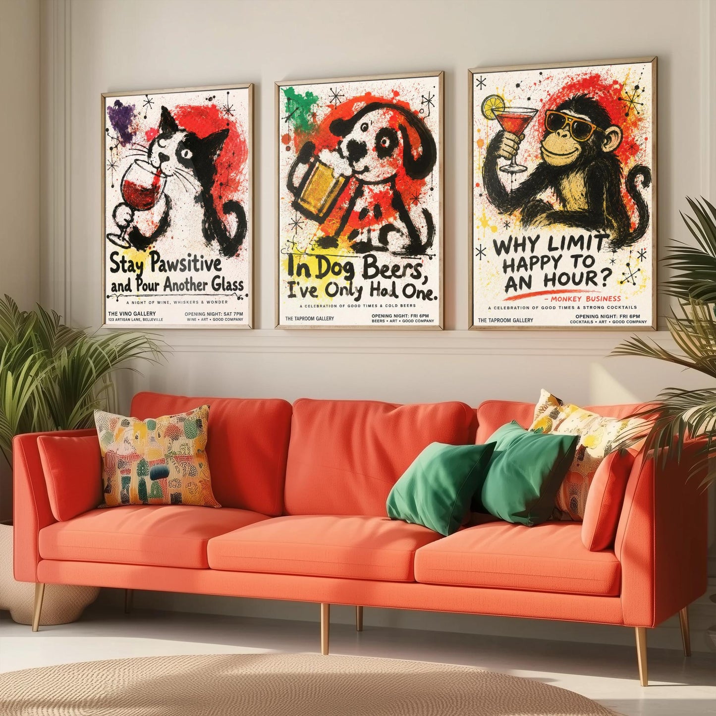 Funny Bar Set of Three Art Prints - Cat Wine, Dog Beer, Monkey Cocktail Posters - Ink Splatter Illustration - Home Pub Wall Decor