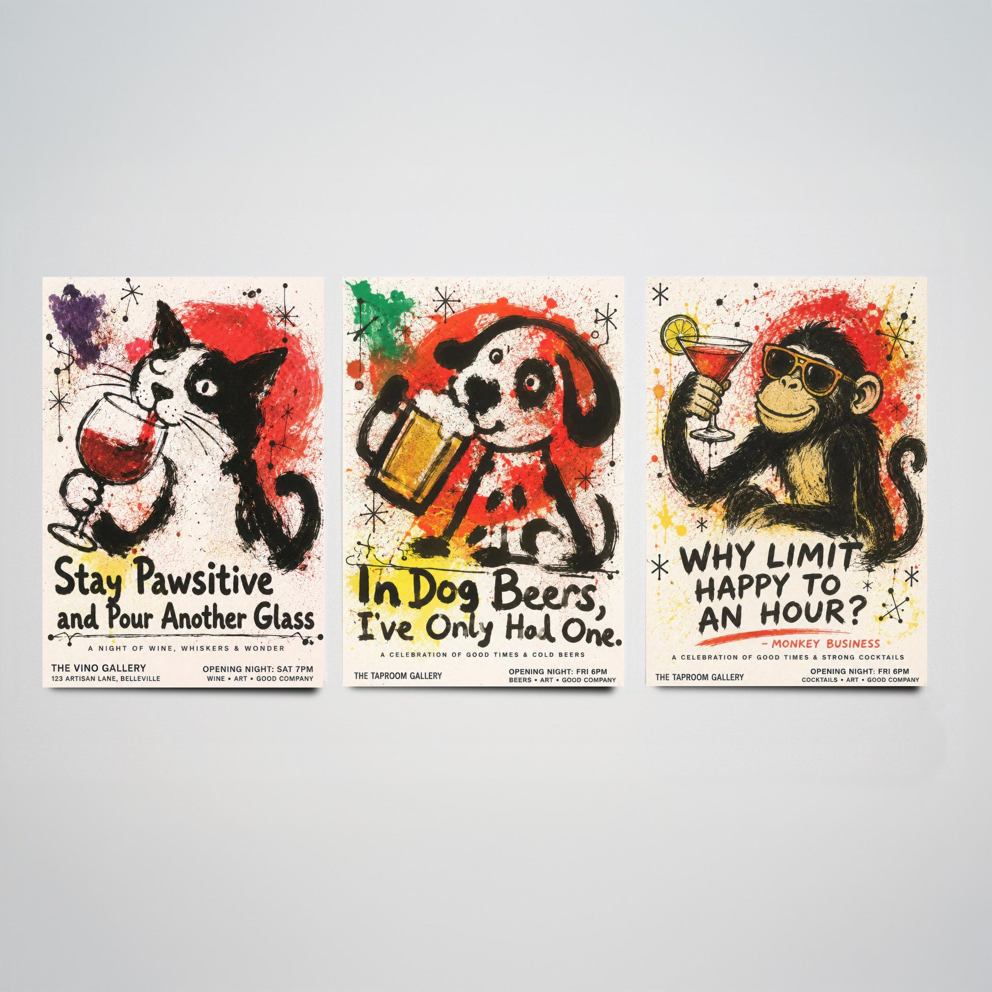 Funny Bar Set of Three Art Prints - Cat Wine, Dog Beer, Monkey Cocktail Posters - Ink Splatter Illustration - Home Pub Wall Decor