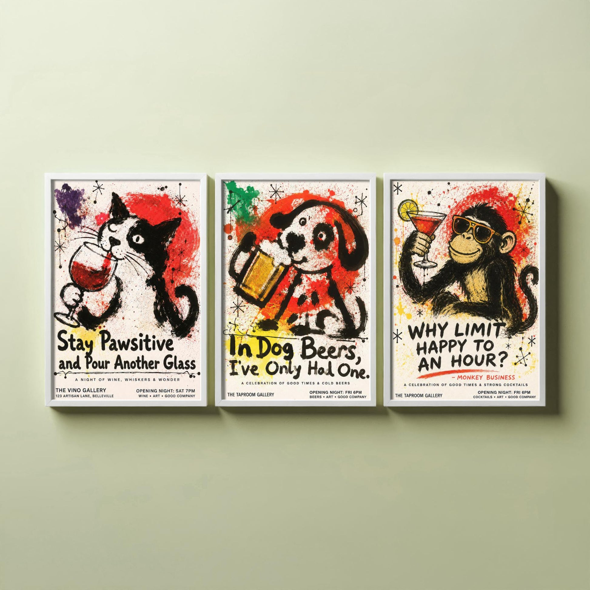 Funny Bar Set of Three Art Prints - Cat Wine, Dog Beer, Monkey Cocktail Posters - Ink Splatter Illustration - Home Pub Wall Decor