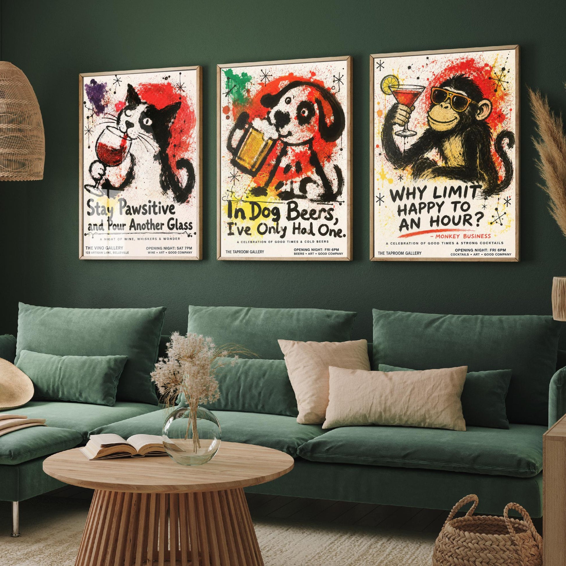 Funny Bar Set of Three Art Prints - Cat Wine, Dog Beer, Monkey Cocktail Posters - Ink Splatter Illustration - Home Pub Wall Decor