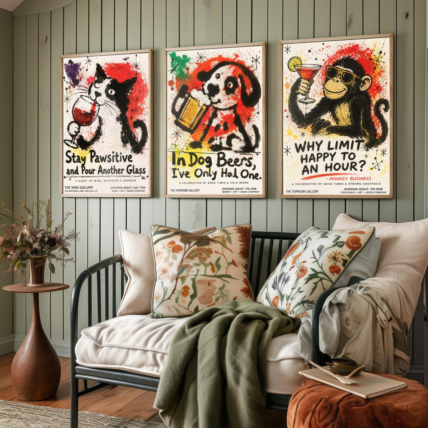 Funny Bar Set of Three Art Prints - Cat Wine, Dog Beer, Monkey Cocktail Posters - Ink Splatter Illustration - Home Pub Wall Decor