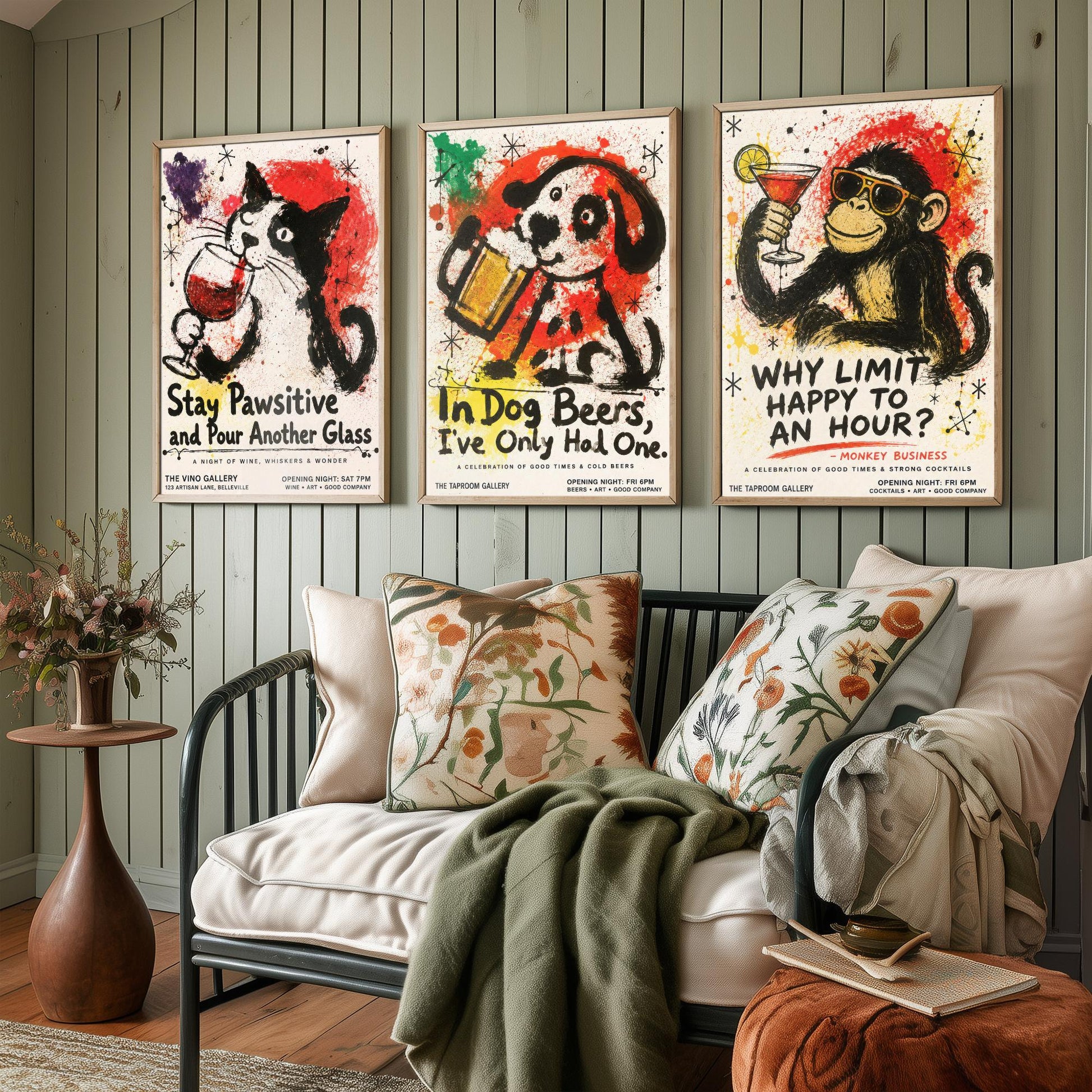 Funny Bar Set of Three Art Prints - Cat Wine, Dog Beer, Monkey Cocktail Posters - Ink Splatter Illustration - Home Pub Wall Decor