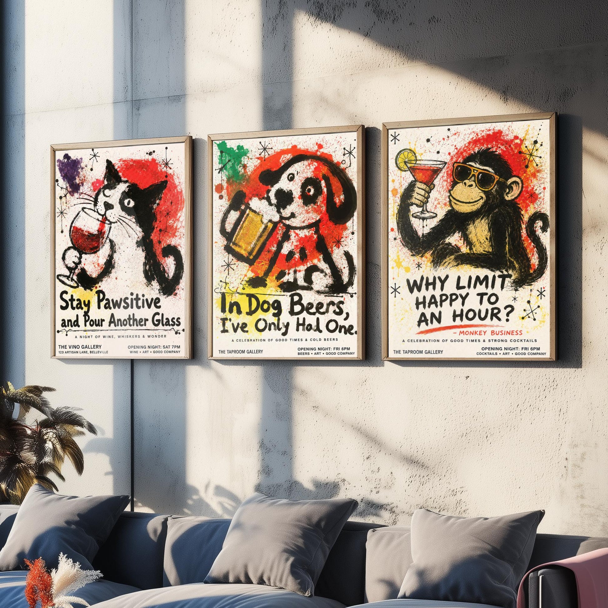 Funny Bar Set of Three Art Prints - Cat Wine, Dog Beer, Monkey Cocktail Posters - Ink Splatter Illustration - Home Pub Wall Decor