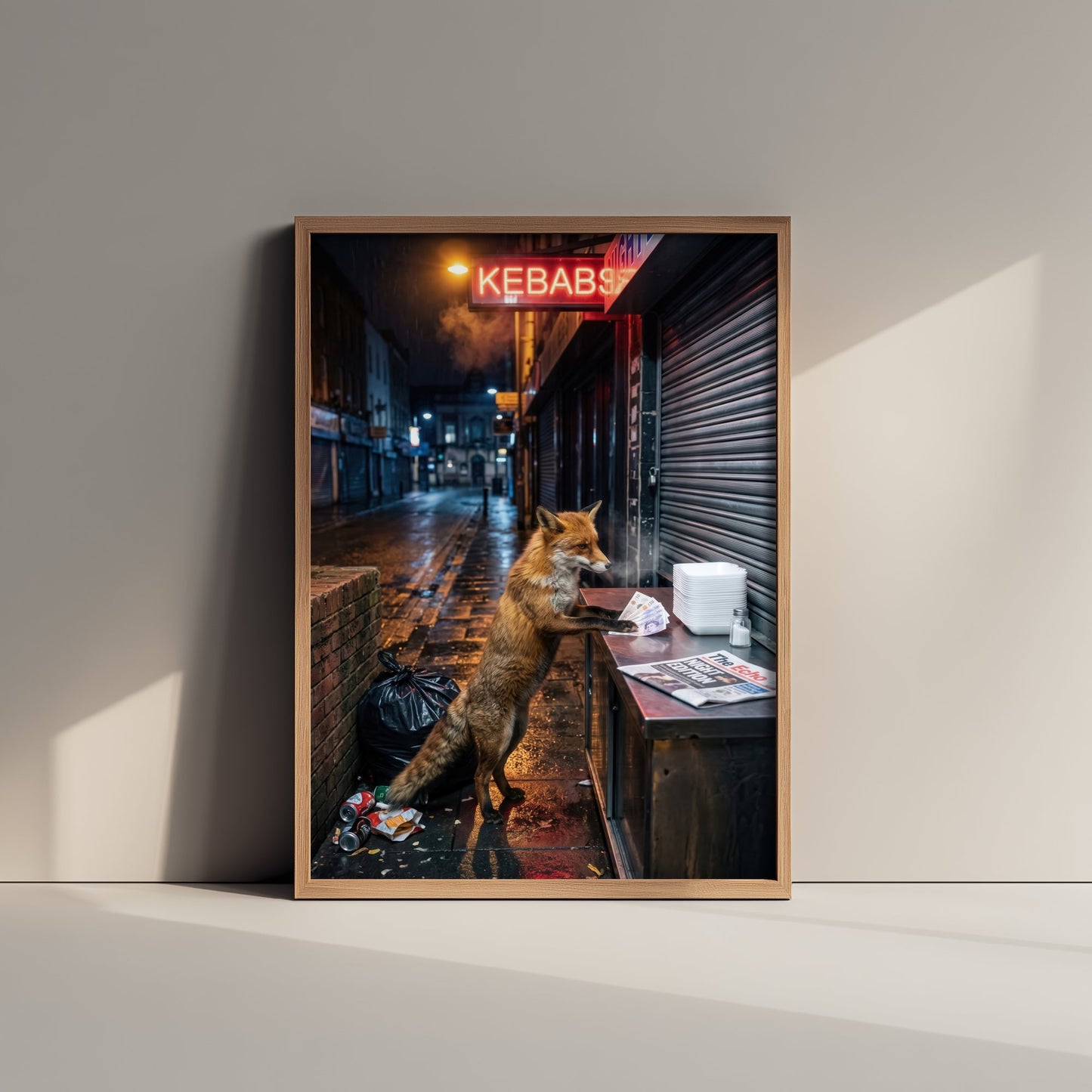 Red Fox at the Kebab Shop Art Print - Surreal Urban Wildlife Photo Poster - Funny Late Night City Fox 1/3