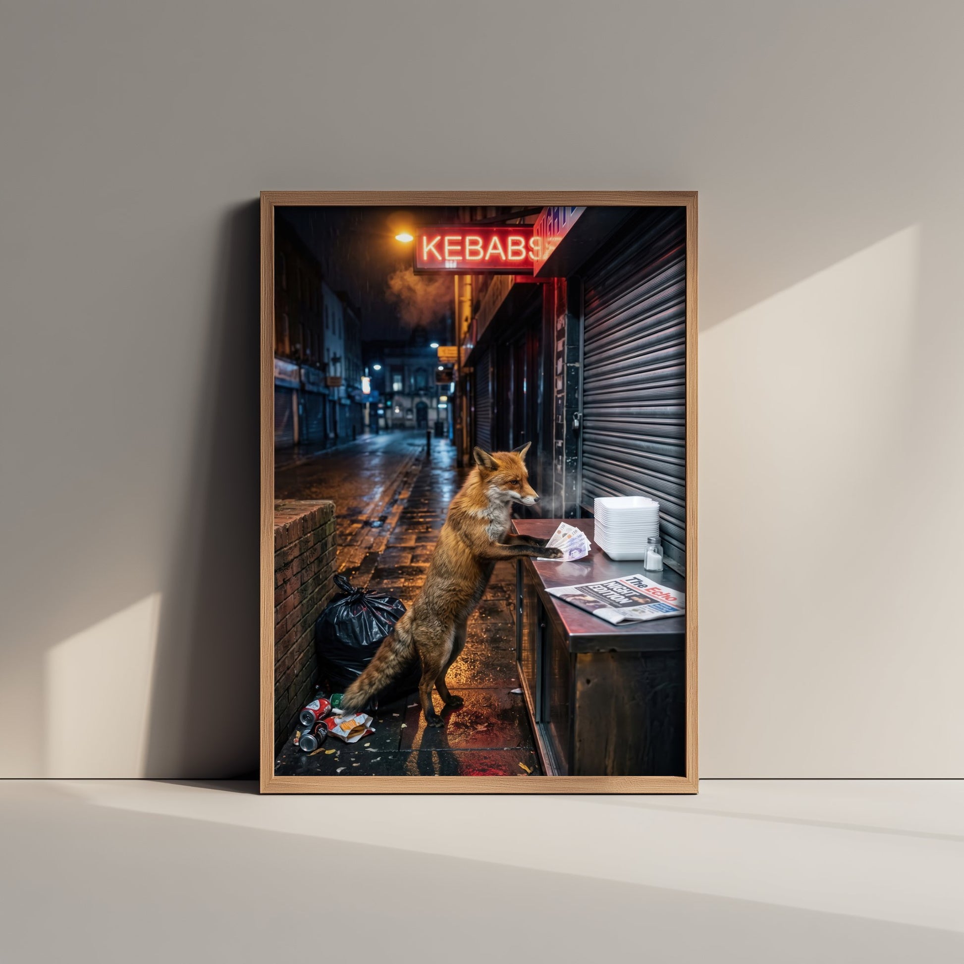 Red Fox at the Kebab Shop Art Print - Surreal Urban Wildlife Photo Poster - Funny Late Night City Fox 1/3