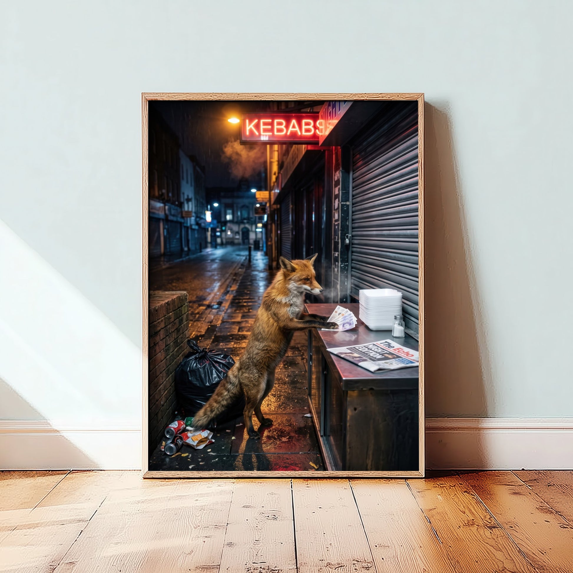 Red Fox at the Kebab Shop Art Print - Surreal Urban Wildlife Photo Poster - Funny Late Night City Fox 1/3