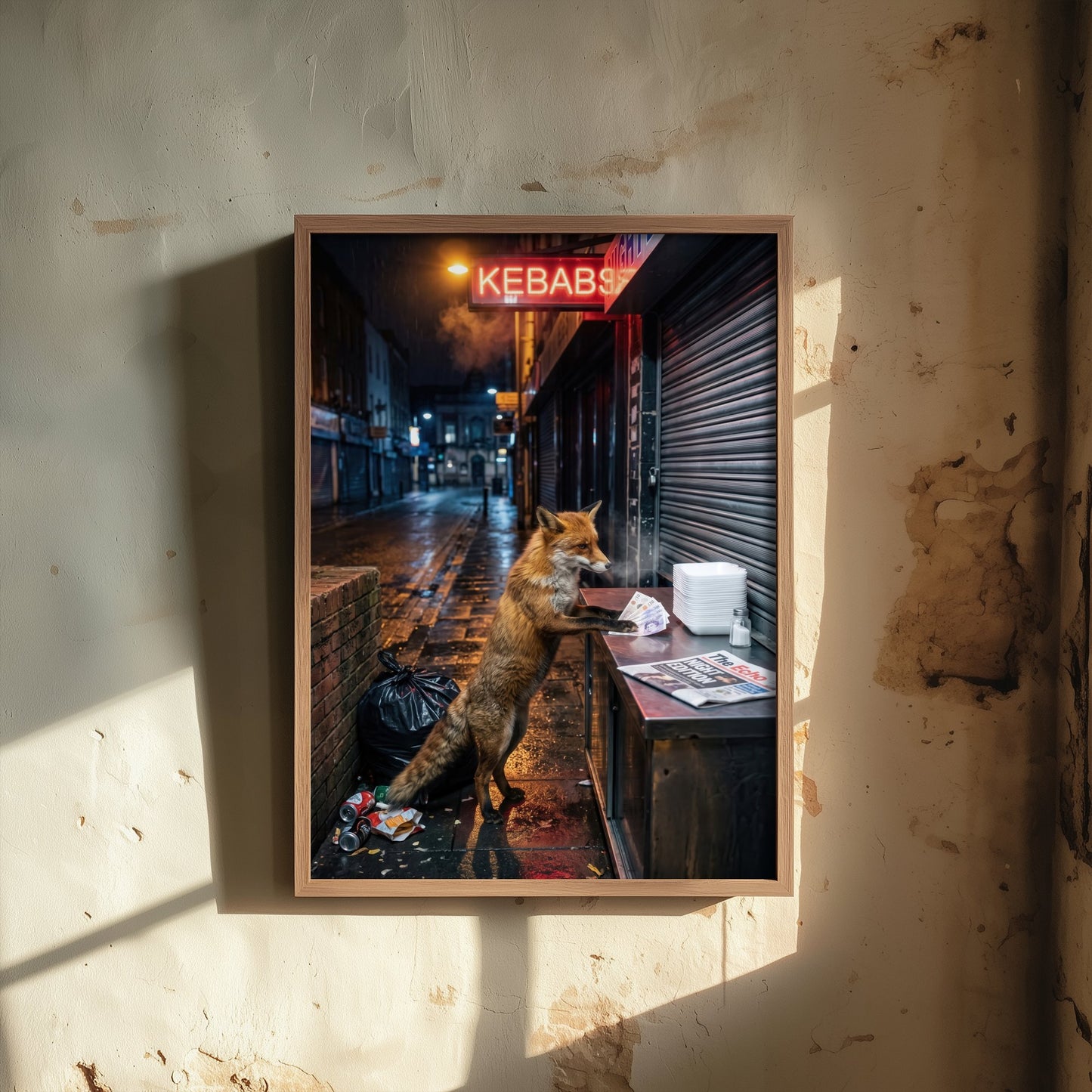 Red Fox at the Kebab Shop Art Print - Surreal Urban Wildlife Photo Poster - Funny Late Night City Fox 1/3