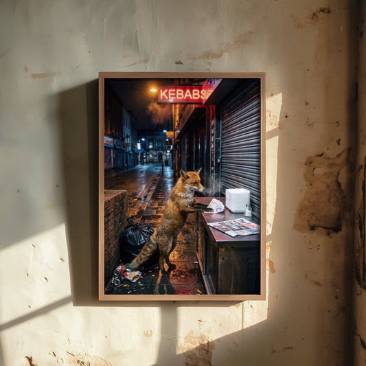 Red Fox at the Kebab Shop Art Print - Surreal Urban Wildlife Photo Poster - Funny Late Night City Fox 1/3
