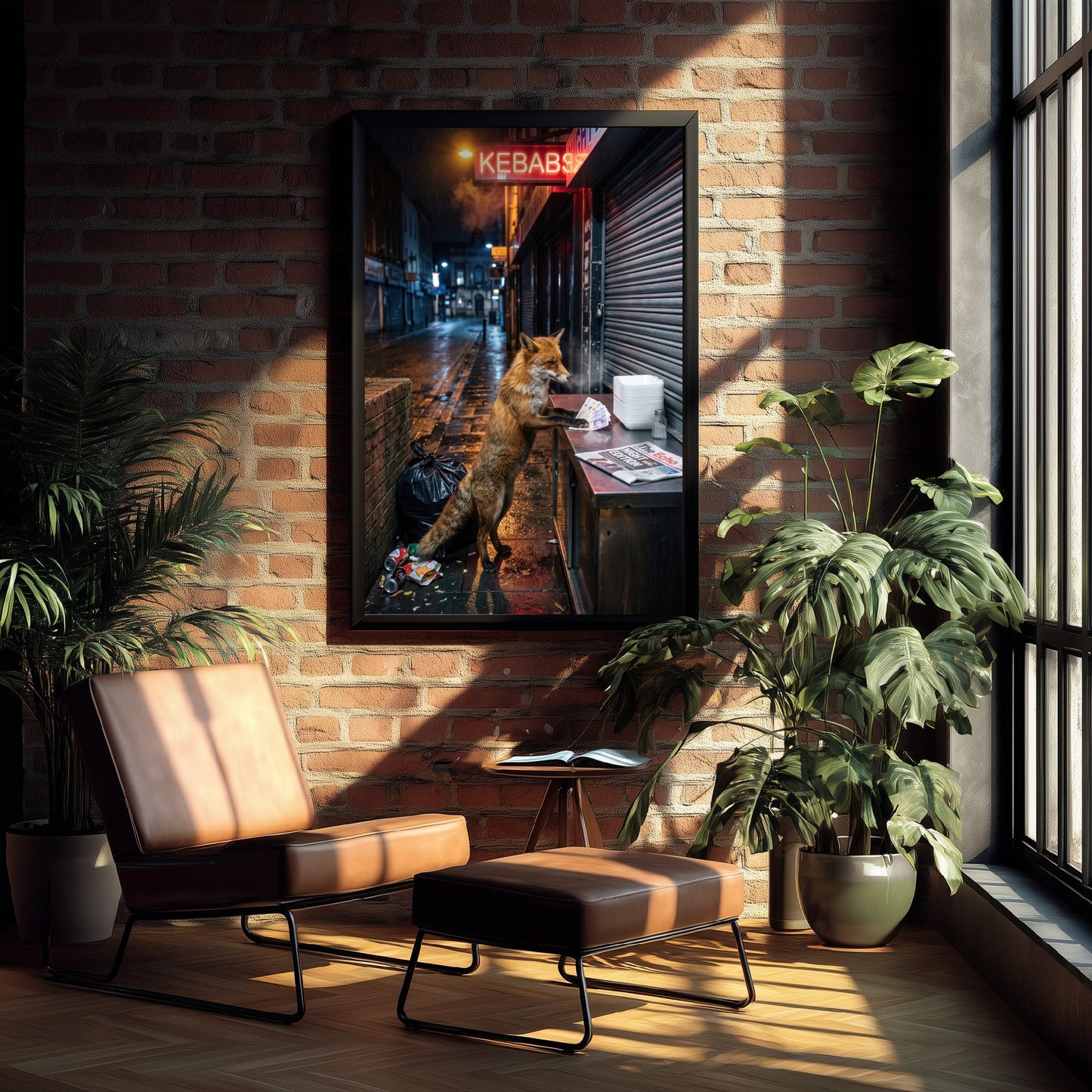 Red Fox at the Kebab Shop Art Print - Surreal Urban Wildlife Photo Poster - Funny Late Night City Fox 1/3