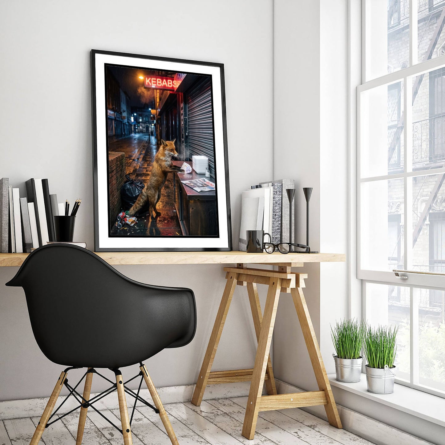 Red Fox at the Kebab Shop Art Print - Surreal Urban Wildlife Photo Poster - Funny Late Night City Fox 1/3