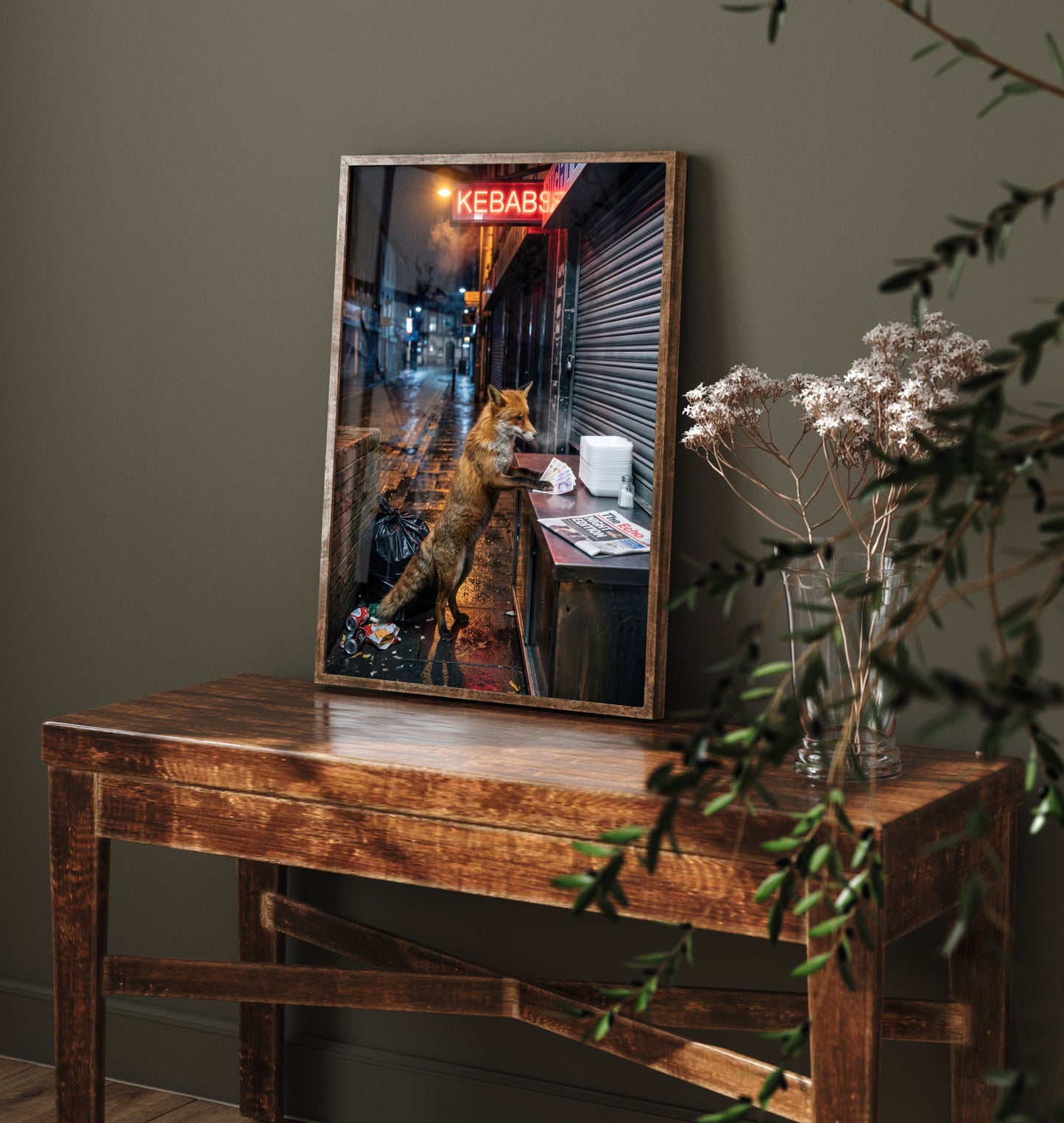 Red Fox at the Kebab Shop Art Print - Surreal Urban Wildlife Photo Poster - Funny Late Night City Fox 1/3
