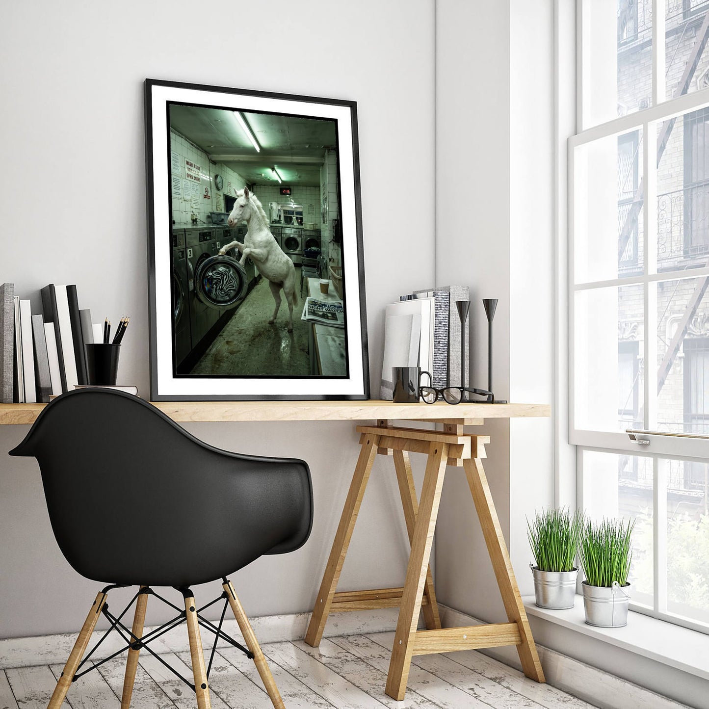 White Horse in the Launderette Photo Poster - Zebra Stripes in the Wash - Surreal Animal Art Print 2/3