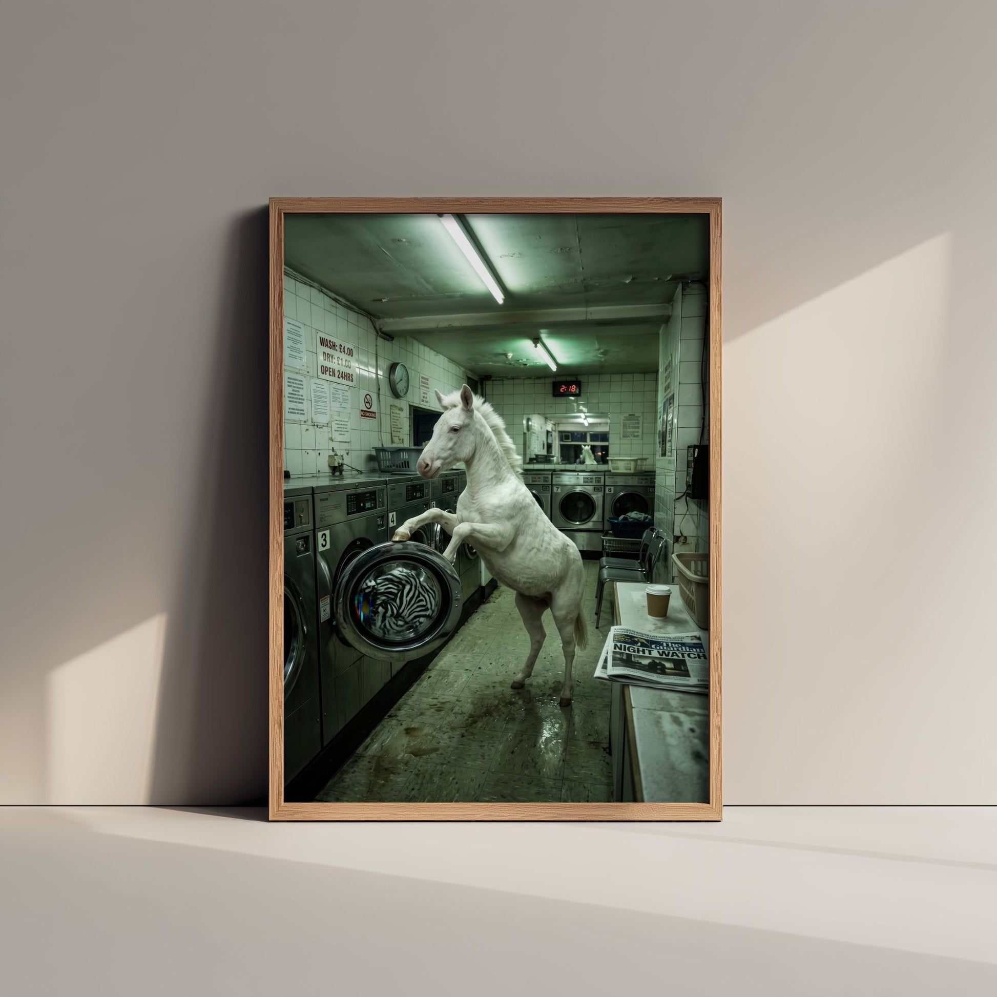 White Horse in the Launderette Photo Poster - Zebra Stripes in the Wash - Surreal Animal Art Print 2/3